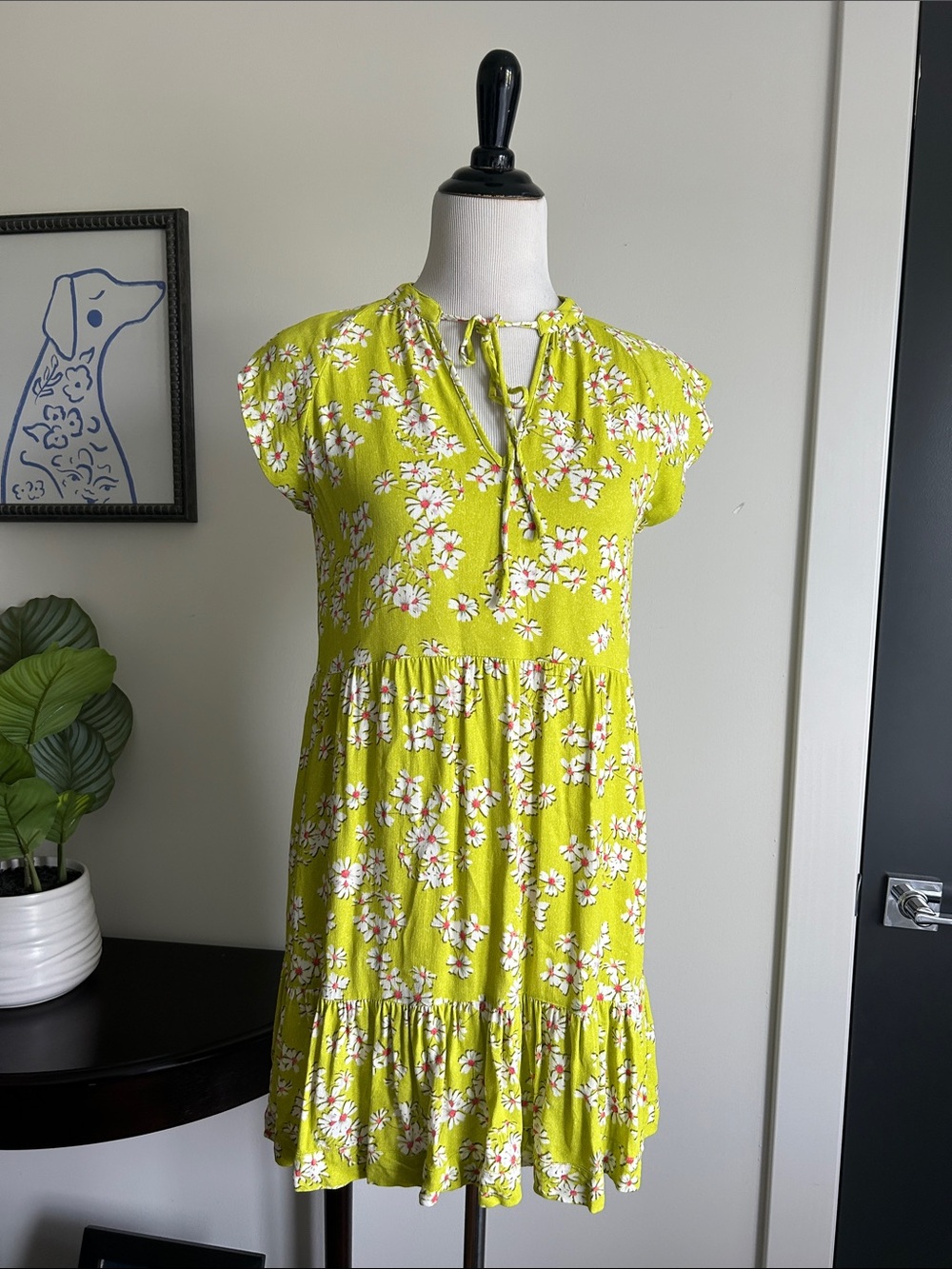 Tyler Boe XS Floral Tie-Neck Cap Sleeve loose fit Dress in Lime Green